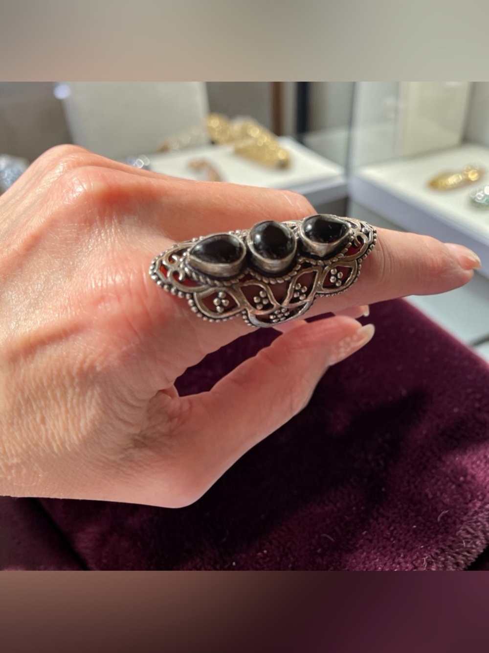 Sterling Silver Black Onyx Filigree Statement Ring Size 8
